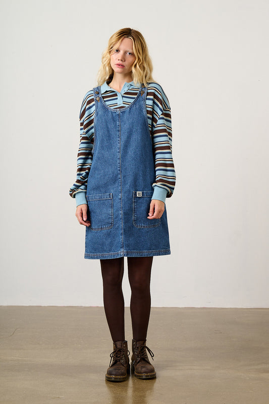 Layla - Pinafore Mini Dress Organic Cotton Denim in Blue Wash
