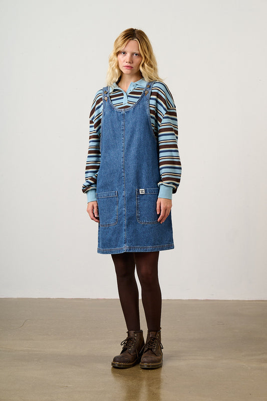 Layla - Pinafore Mini Dress Organic Cotton Denim in Blue Wash