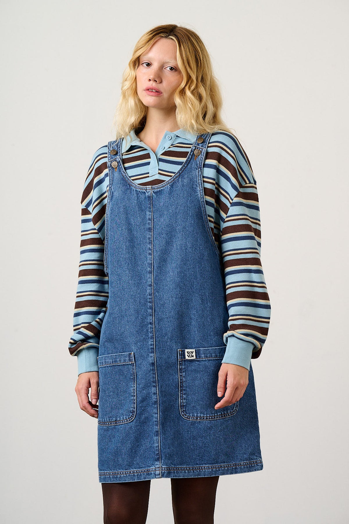 Layla - Pinafore Mini Dress Organic Cotton Denim in Blue Wash