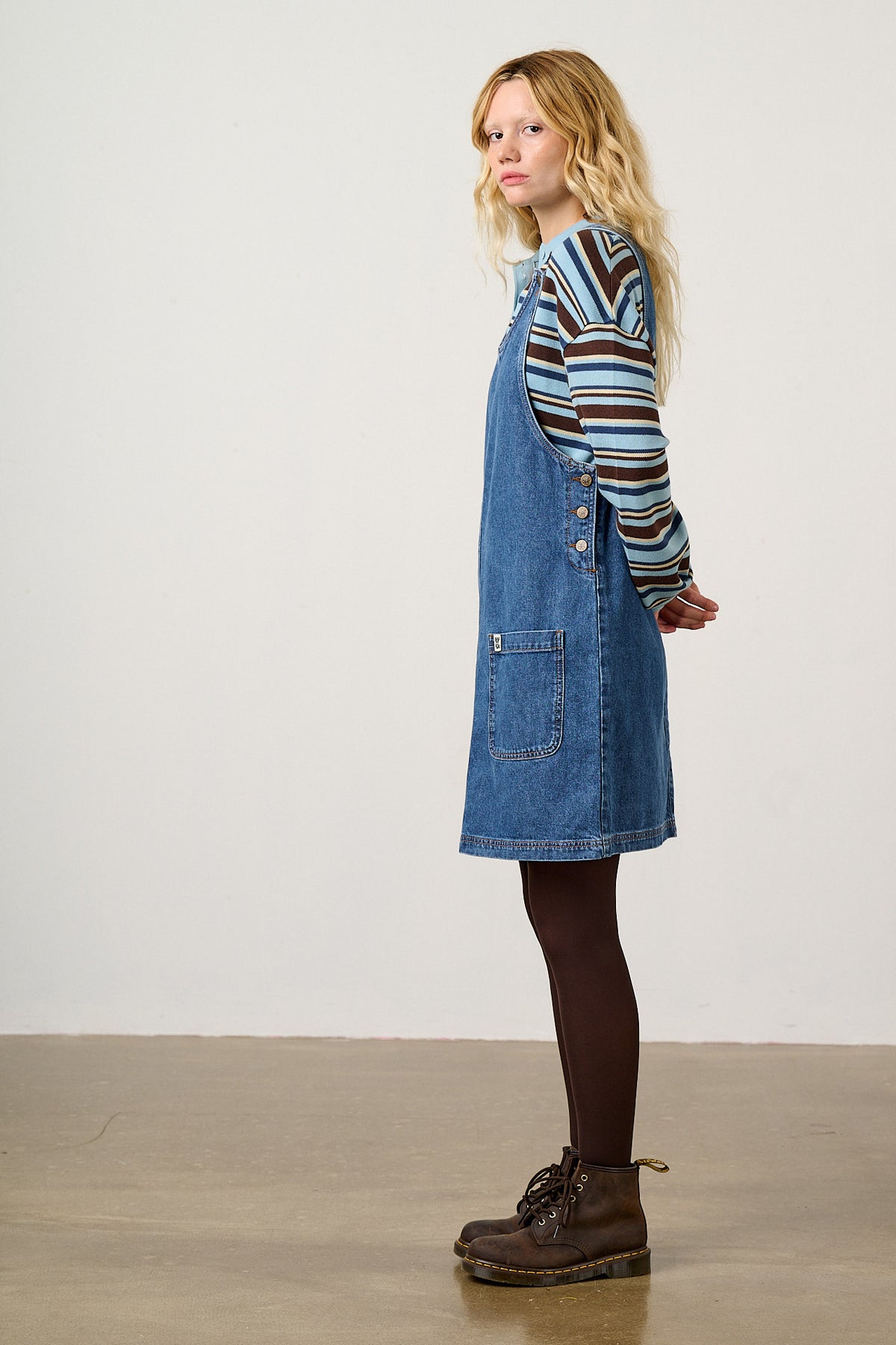 Layla - Pinafore Mini Dress Organic Cotton Denim in Blue Wash