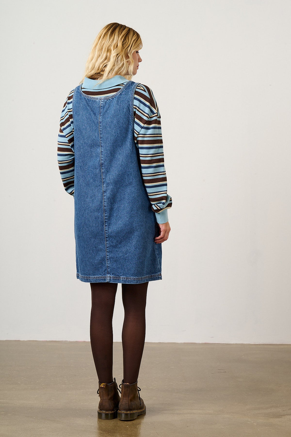 Layla - Pinafore Mini Dress Organic Cotton Denim in Blue Wash