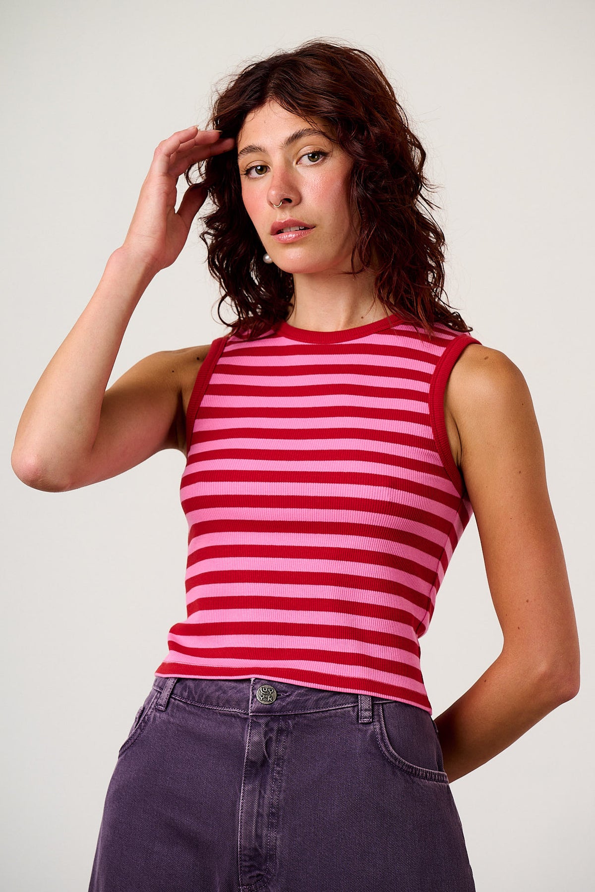 Rue - Tank Top Organic Cotton in Pink & Red Stripe