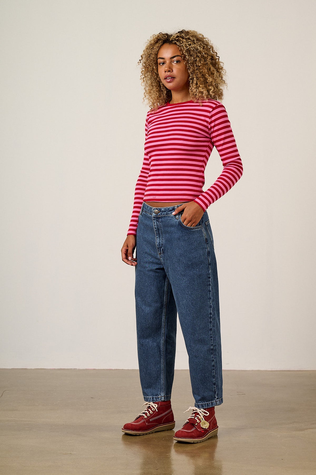 Grayson - Long Sleeve T-Shirt Cotton in Pink & Red Stripe
