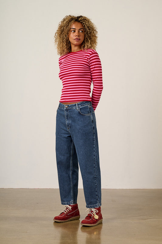 Drew - Cropped Straight Leg Jeans Organic Cotton Denim in Mid Wash Blue