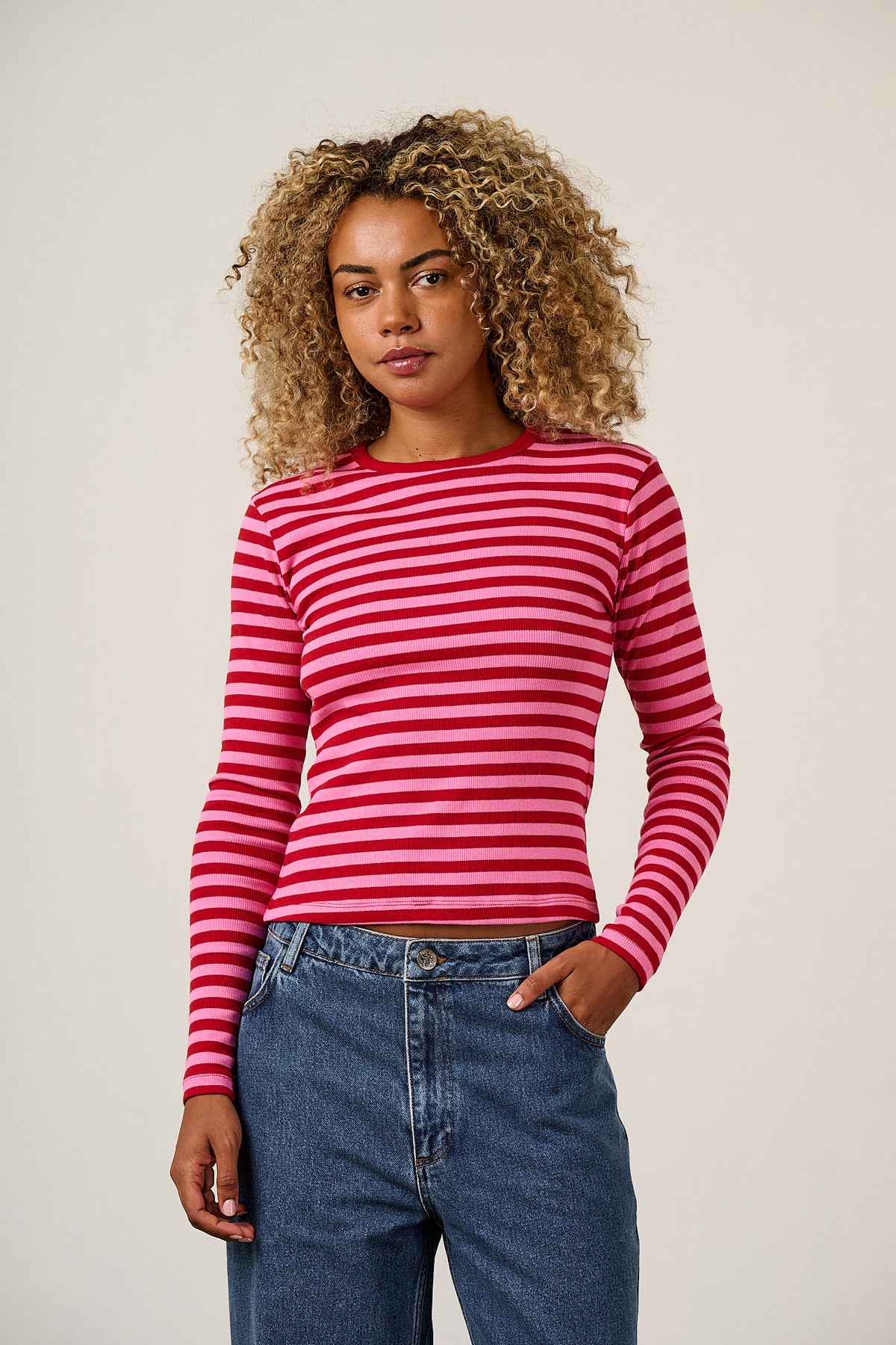 Grayson - Long Sleeve T-Shirt Cotton in Pink & Red Stripe