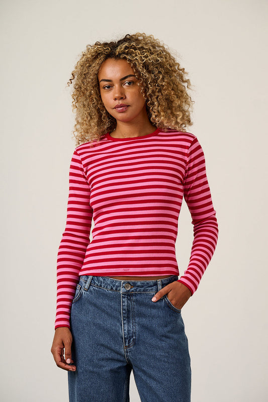 Grayson - Long Sleeve T-Shirt Cotton in Pink & Red Stripe