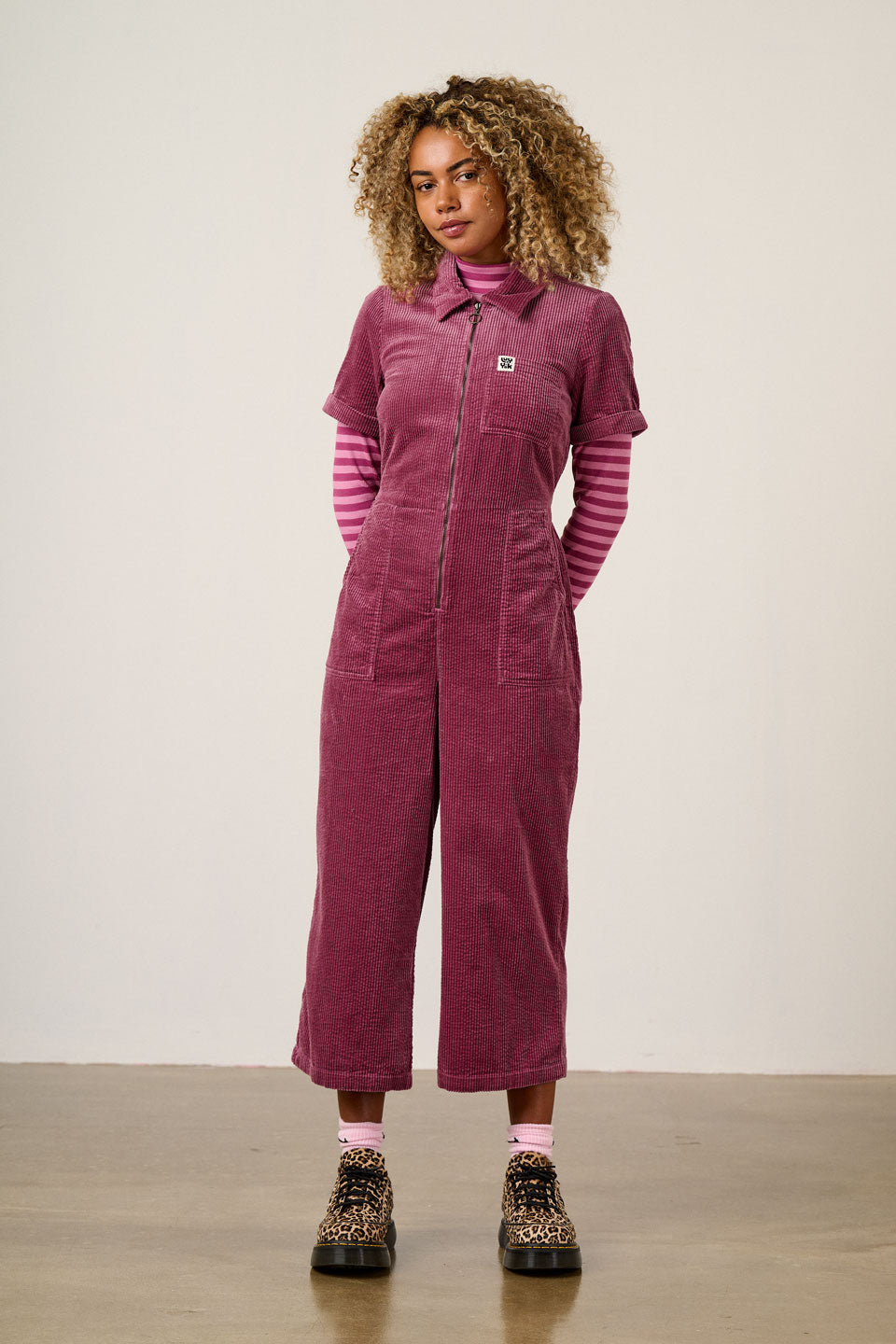 Ragan - Cropped Leg Jumpsuit Organic Cotton Corduroy in Raspberry