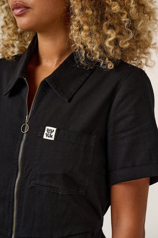 Ragan - Cropped Leg Jumpsuit Organic Cotton Twill in Black