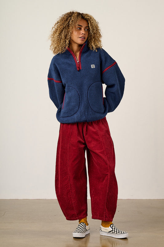 Hadley - Half Zip Fleece Recycled Polyester Borg in Navy and Burgundy