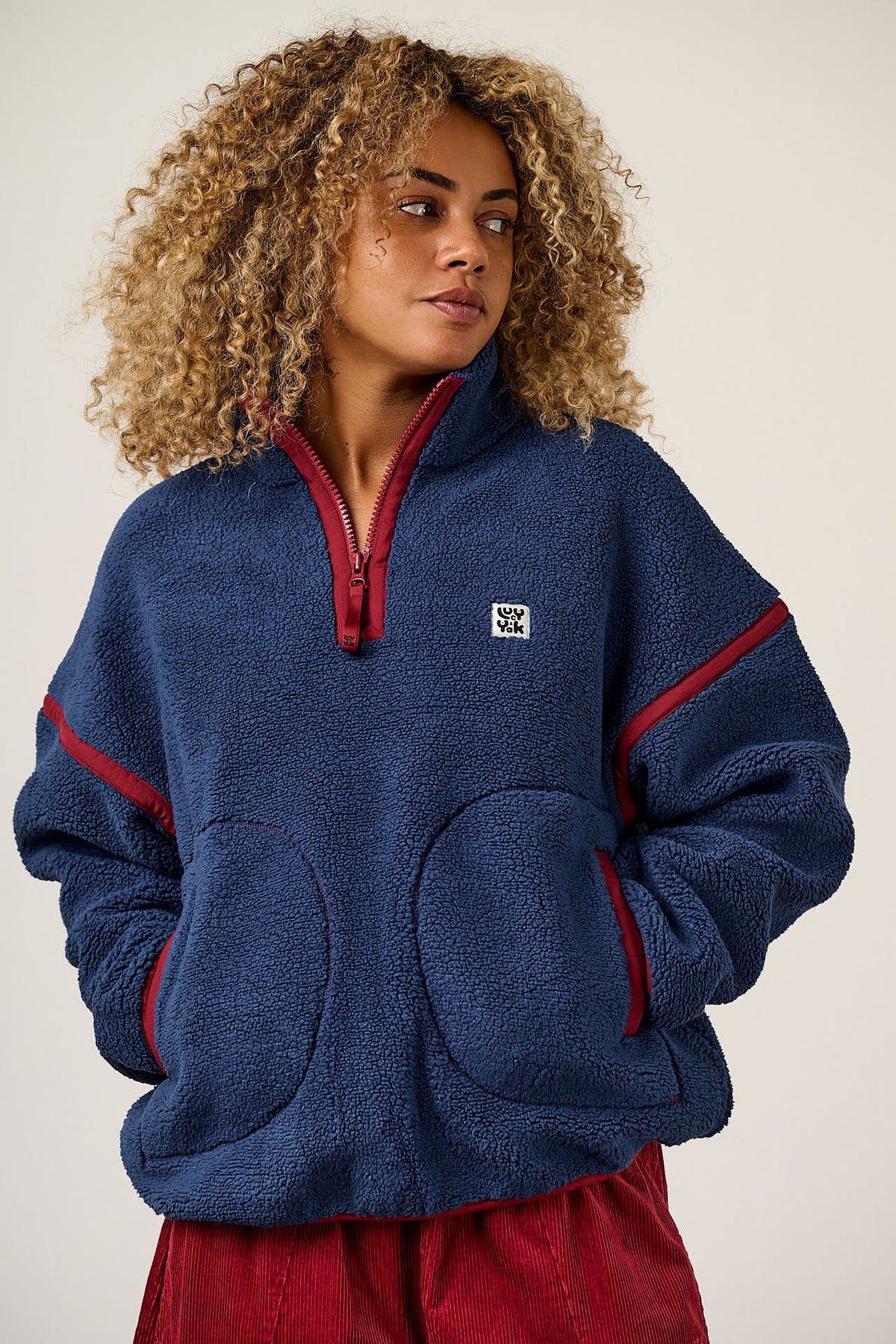 Hadley - Half Zip Fleece Recycled Polyester Borg in Navy and Burgundy