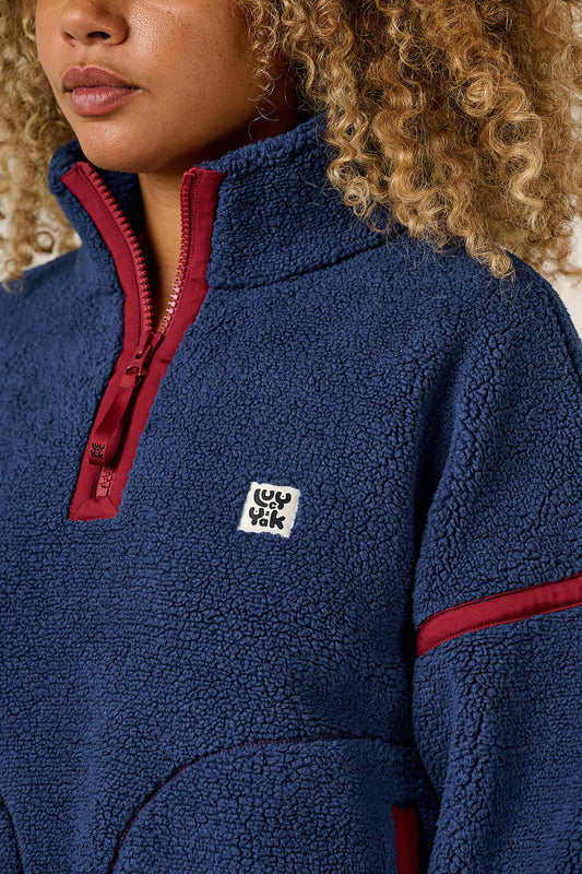 Hadley - Half Zip Fleece Recycled Polyester Borg in Navy and Burgundy