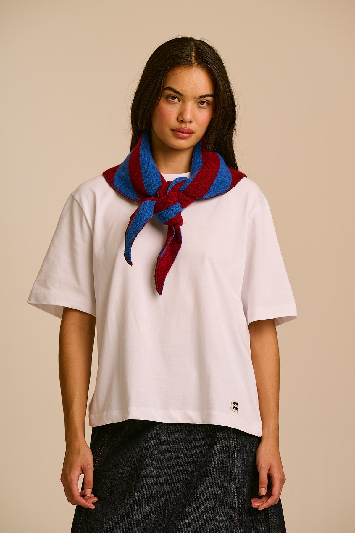 Loki - Neck Scarf Recycled Polyester in Burgundy and Blue Stripe