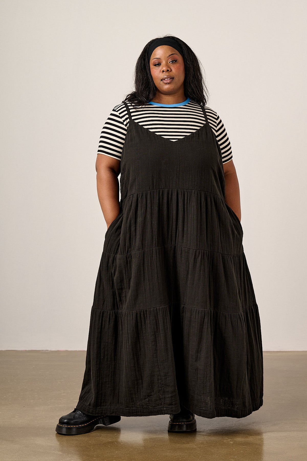 Mable - Tiered Maxi Dress - Organic Cotton Double Gauze in Black