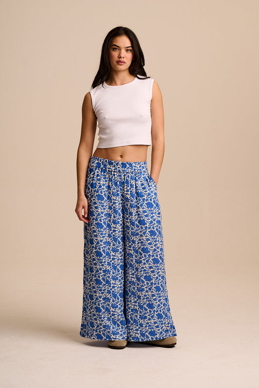 Maddie - Wide Leg Trousers Organic Cotton Double Gauze in Summer Edit Blue Floral