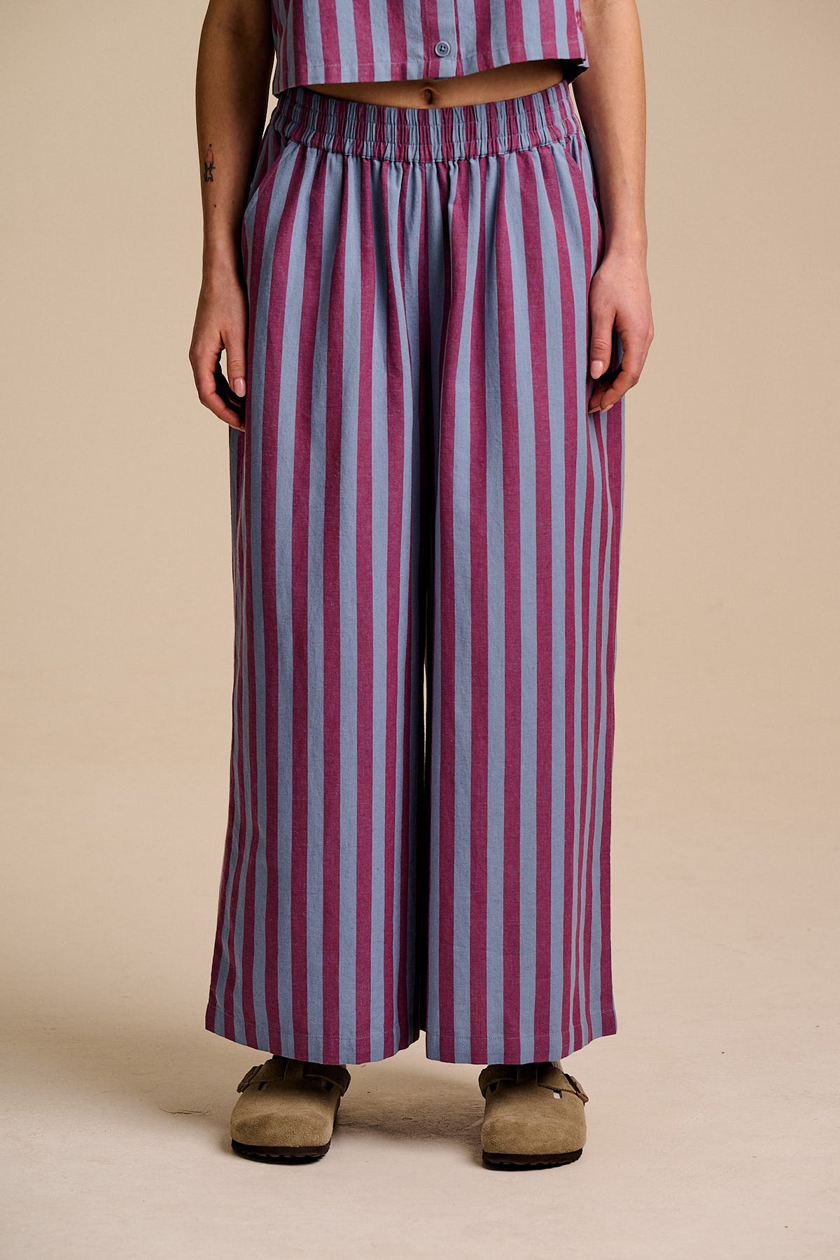 Maddie - Wide Leg Trousers - Organic Cotton in Burgundy & Blue Stripe