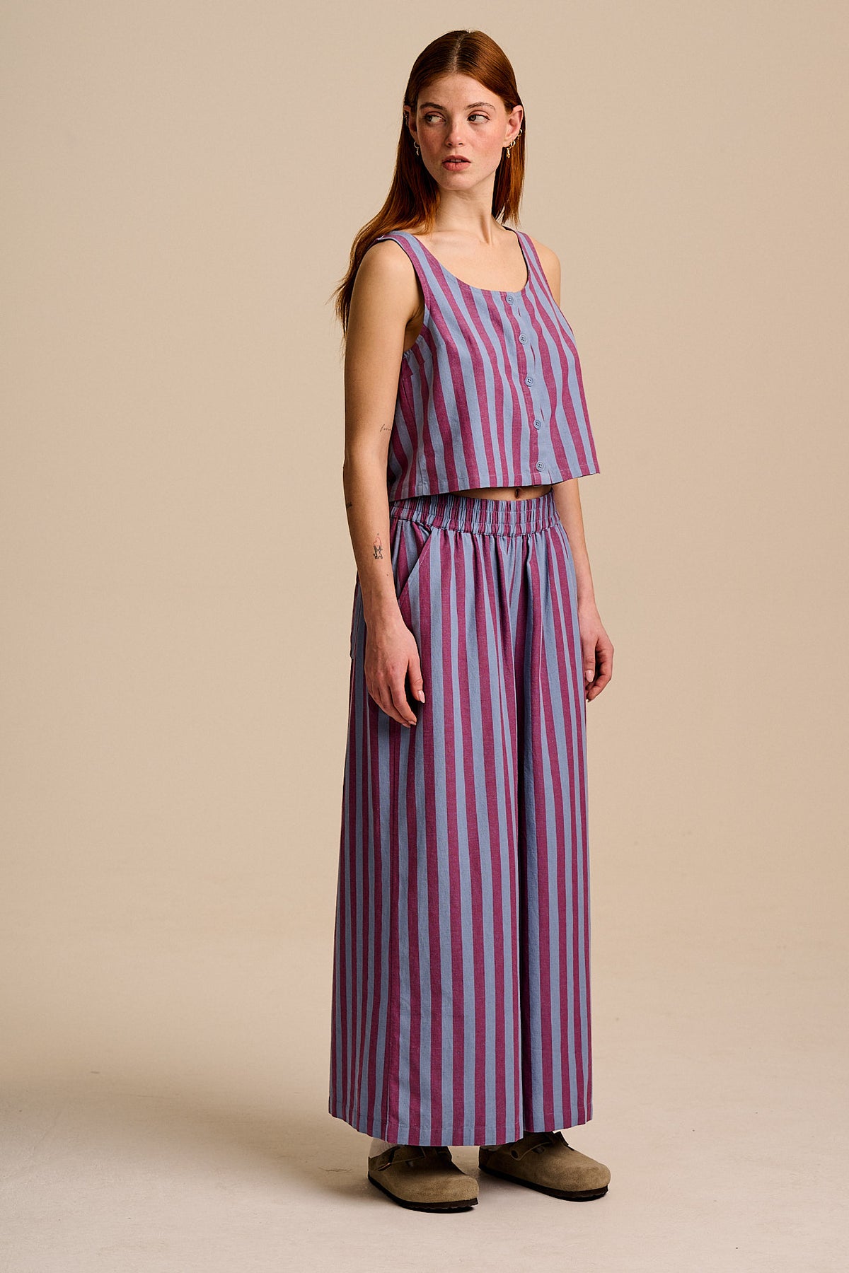 Maddie - Wide Leg Trousers - Organic Cotton in Burgundy & Blue Stripe