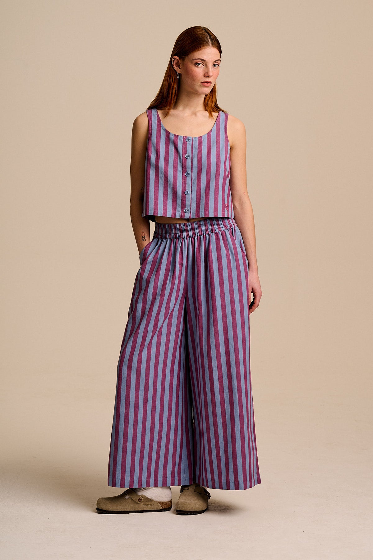 Maddie - Wide Leg Trousers - Organic Cotton in Burgundy & Blue Stripe