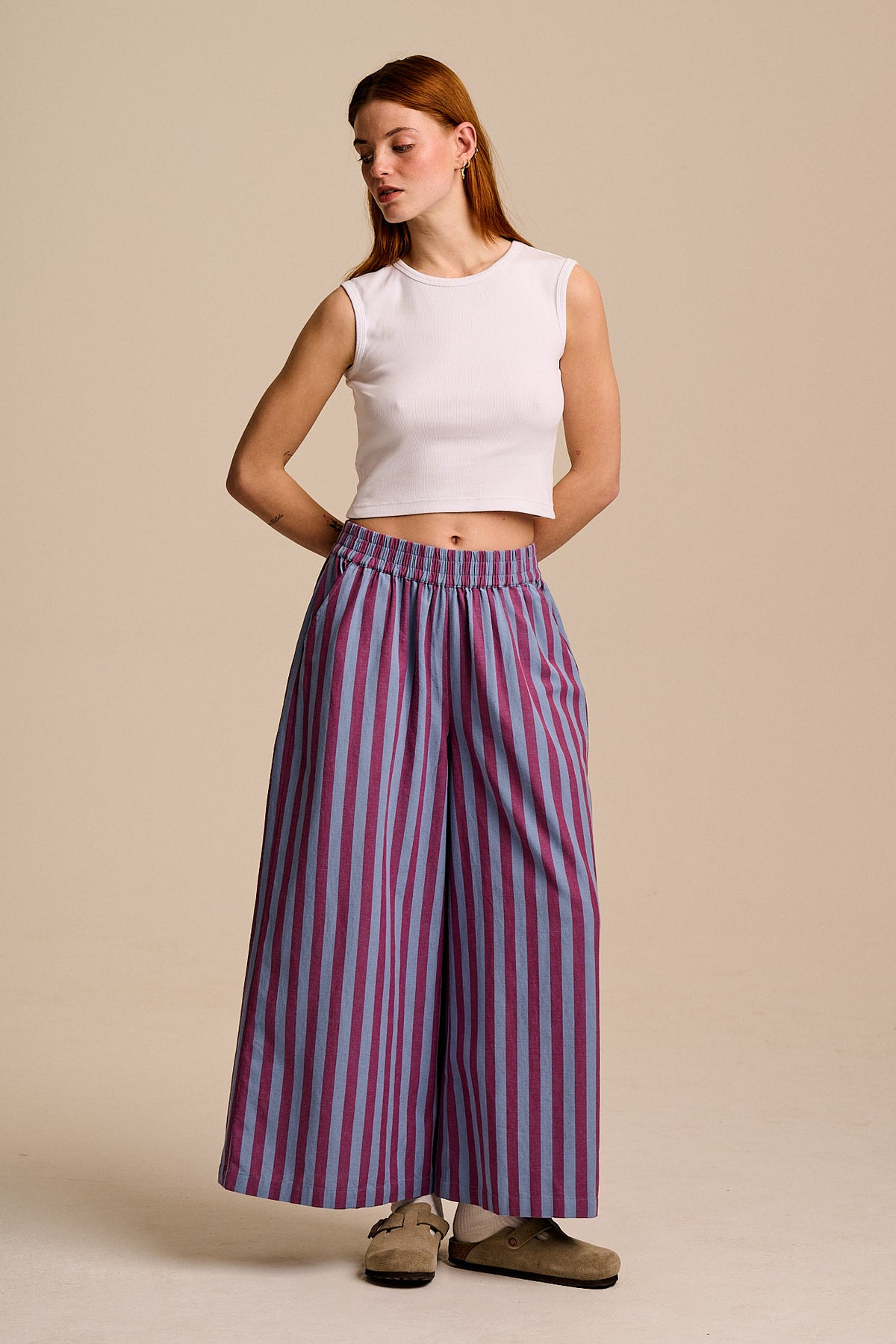 Maddie - Wide Leg Trousers - Organic Cotton in Burgundy & Blue Stripe