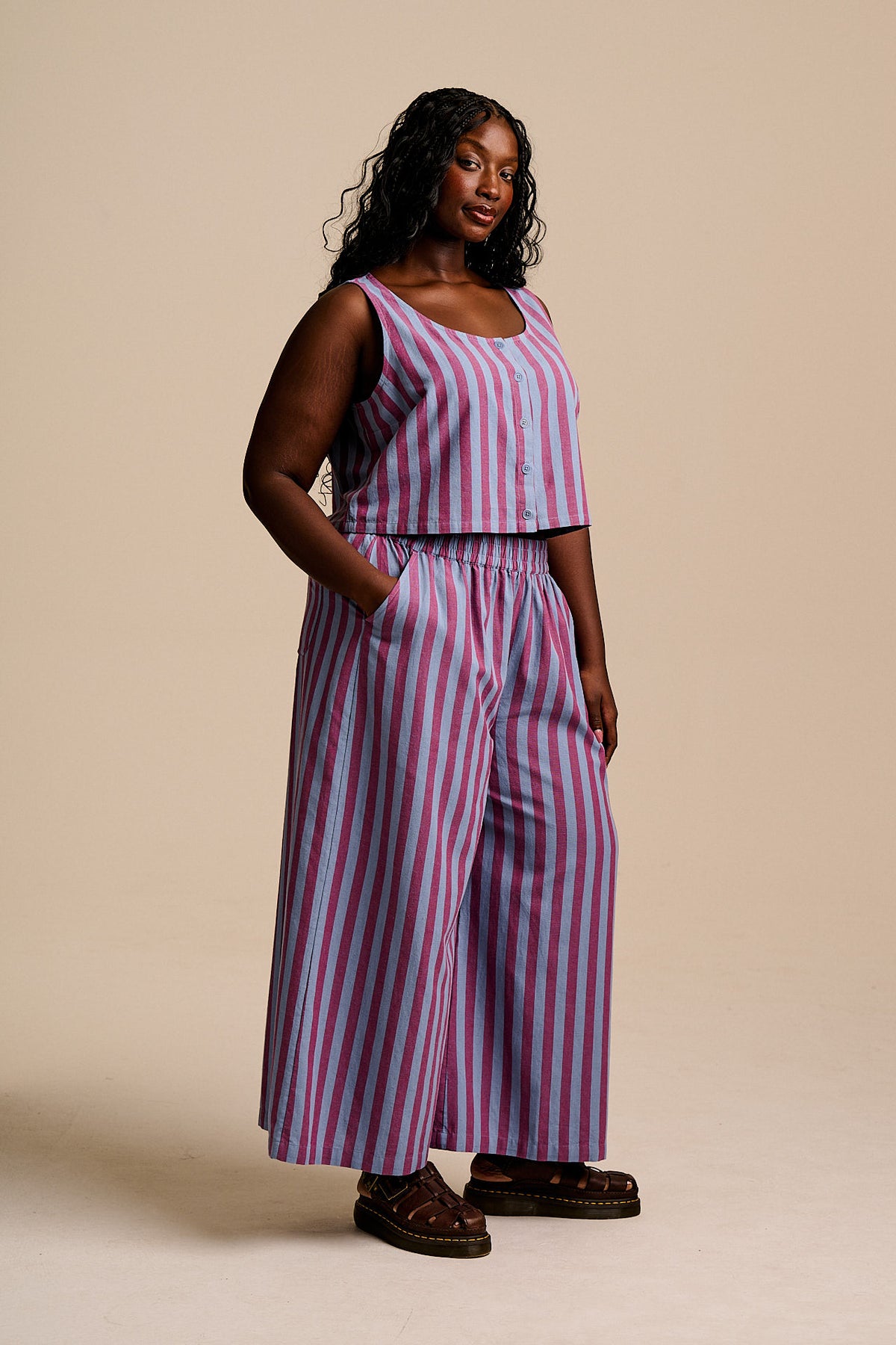 Maddie - Wide Leg Trousers - Organic Cotton in Burgundy & Blue Stripe