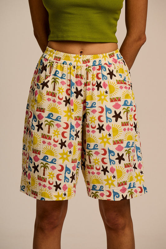 Madero - Knee Length Shorts Organic Cotton Double Gauze in Coastal Beach Tile
