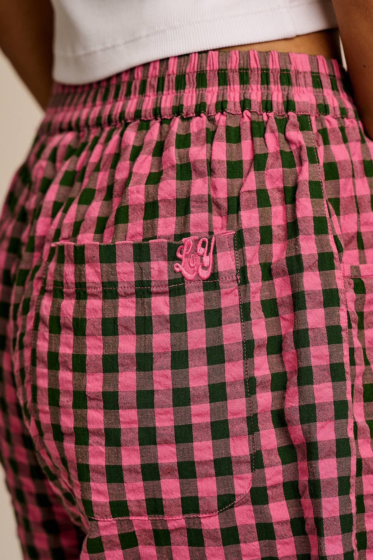 Madero - Knee Length Shorts Organic Cotton Seersucker in Pink & Green Gingham