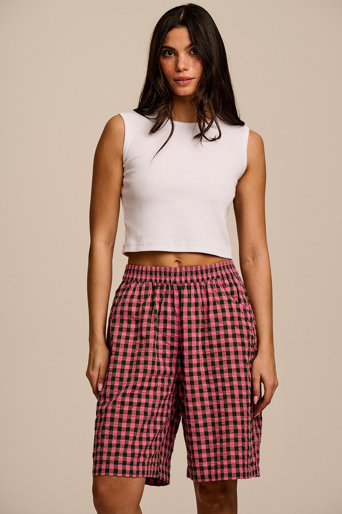Madero - Knee Length Shorts Organic Cotton Seersucker in Pink & Green Gingham