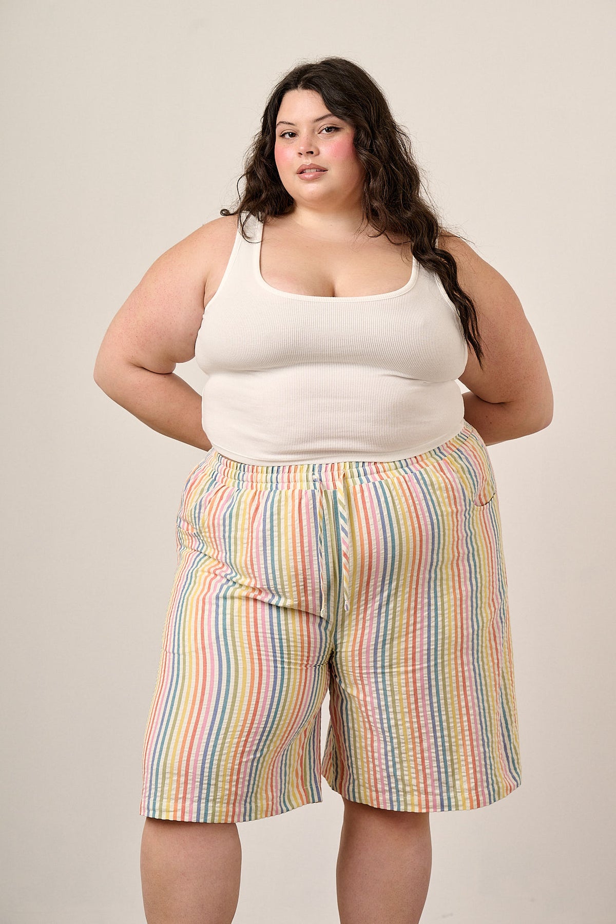 Madero - Knee Length Shorts Organic Cotton Seersucker in Vintage Rainbow Stripe