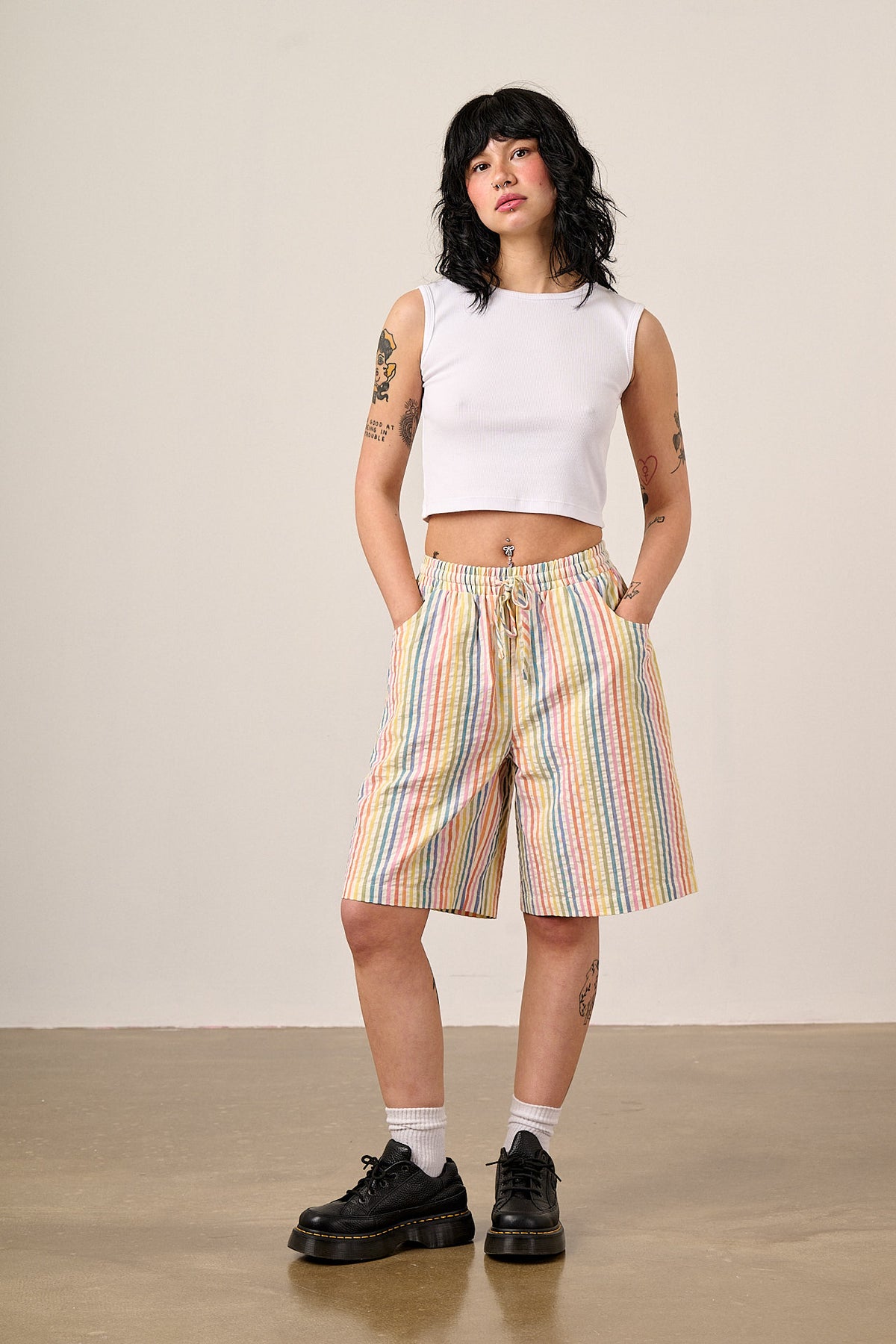 Madero - Knee Length Shorts Organic Cotton Seersucker in Vintage Rainbow Stripe