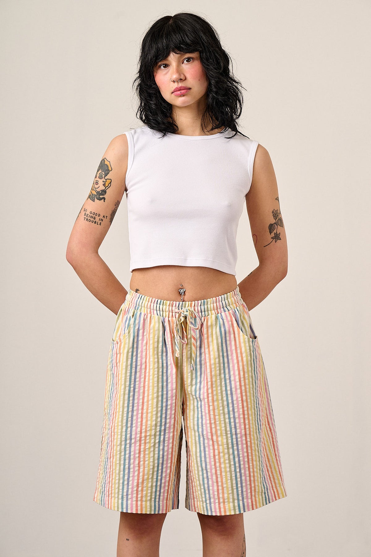Madero - Knee Length Shorts Organic Cotton Seersucker in Vintage Rainbow Stripe