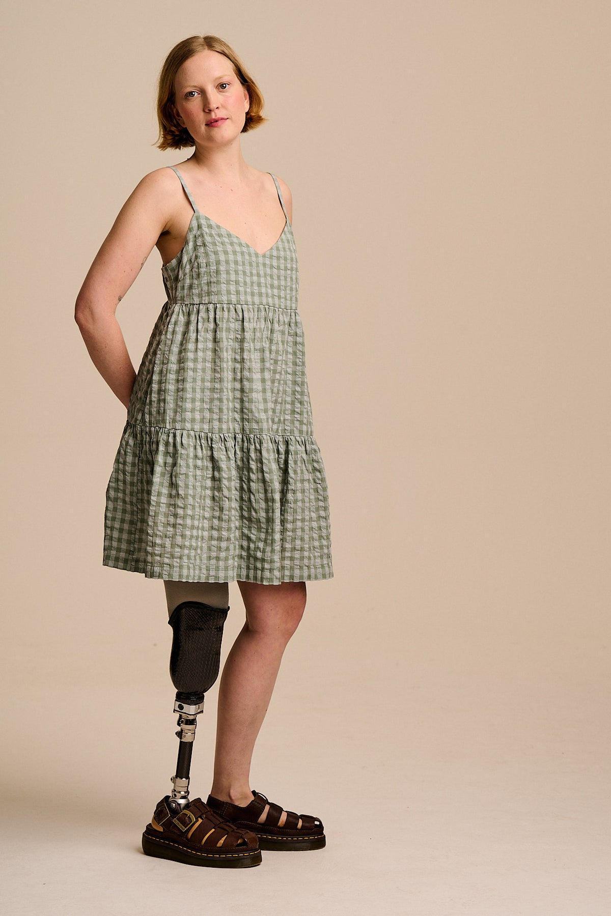 Mae - Cotton Mini Dress in Green Gingham