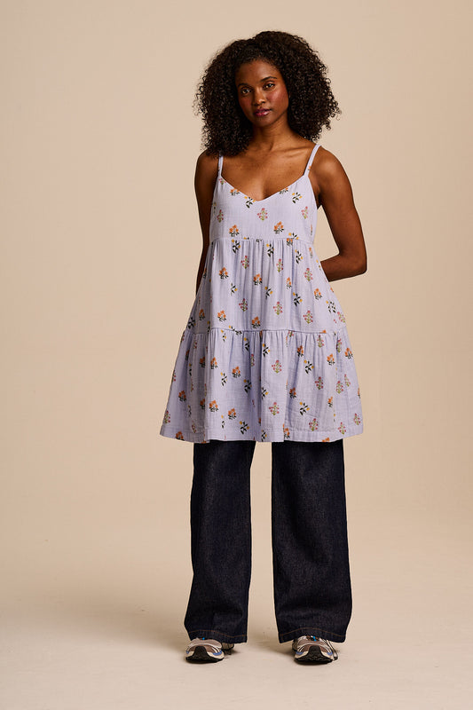 Mae - Tiered Mini Dress Organic Cotton Double Gauze in Blue Walled Bloom