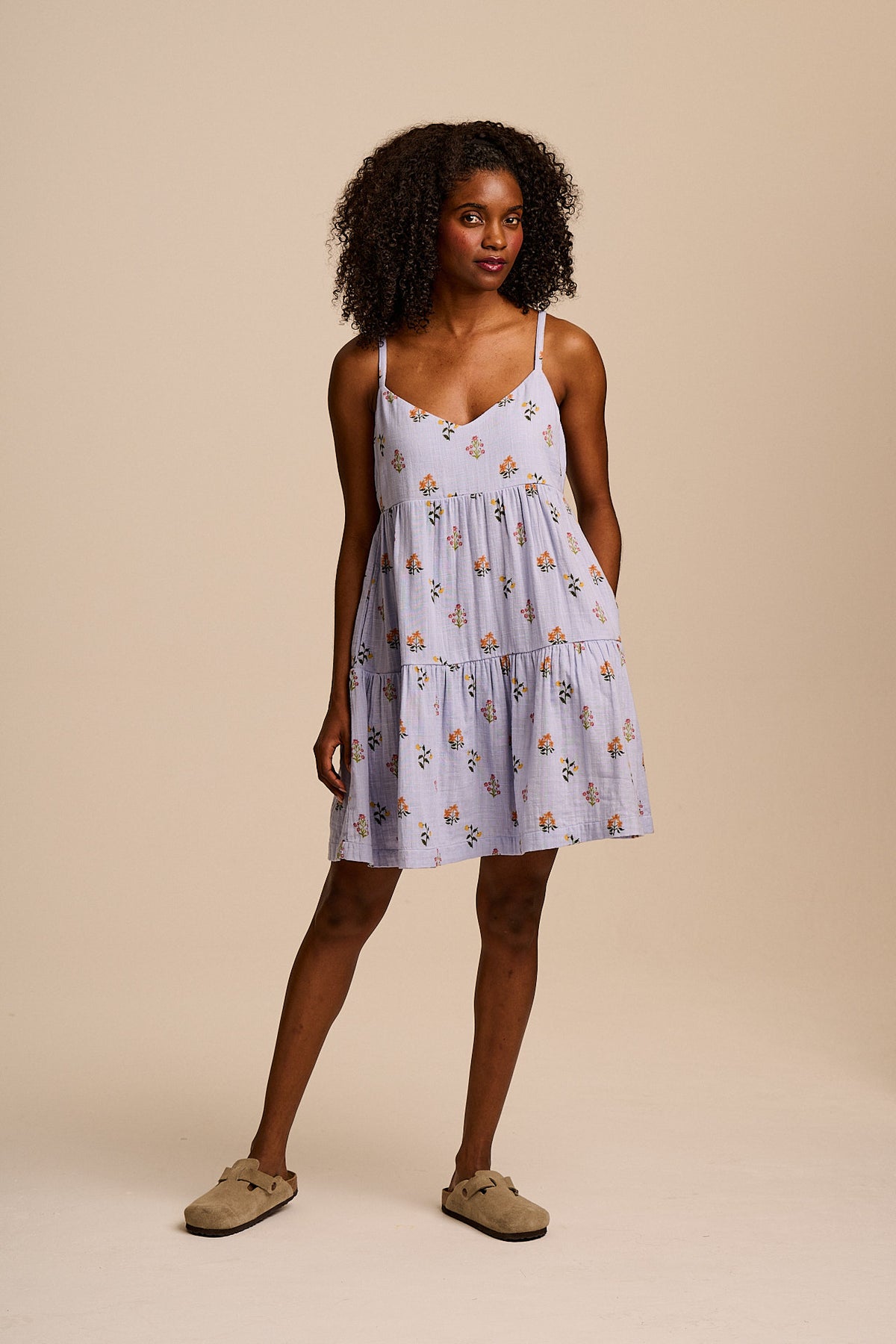 Mae - Tiered Mini Dress Organic Cotton Double Gauze in Blue Walled Bloom