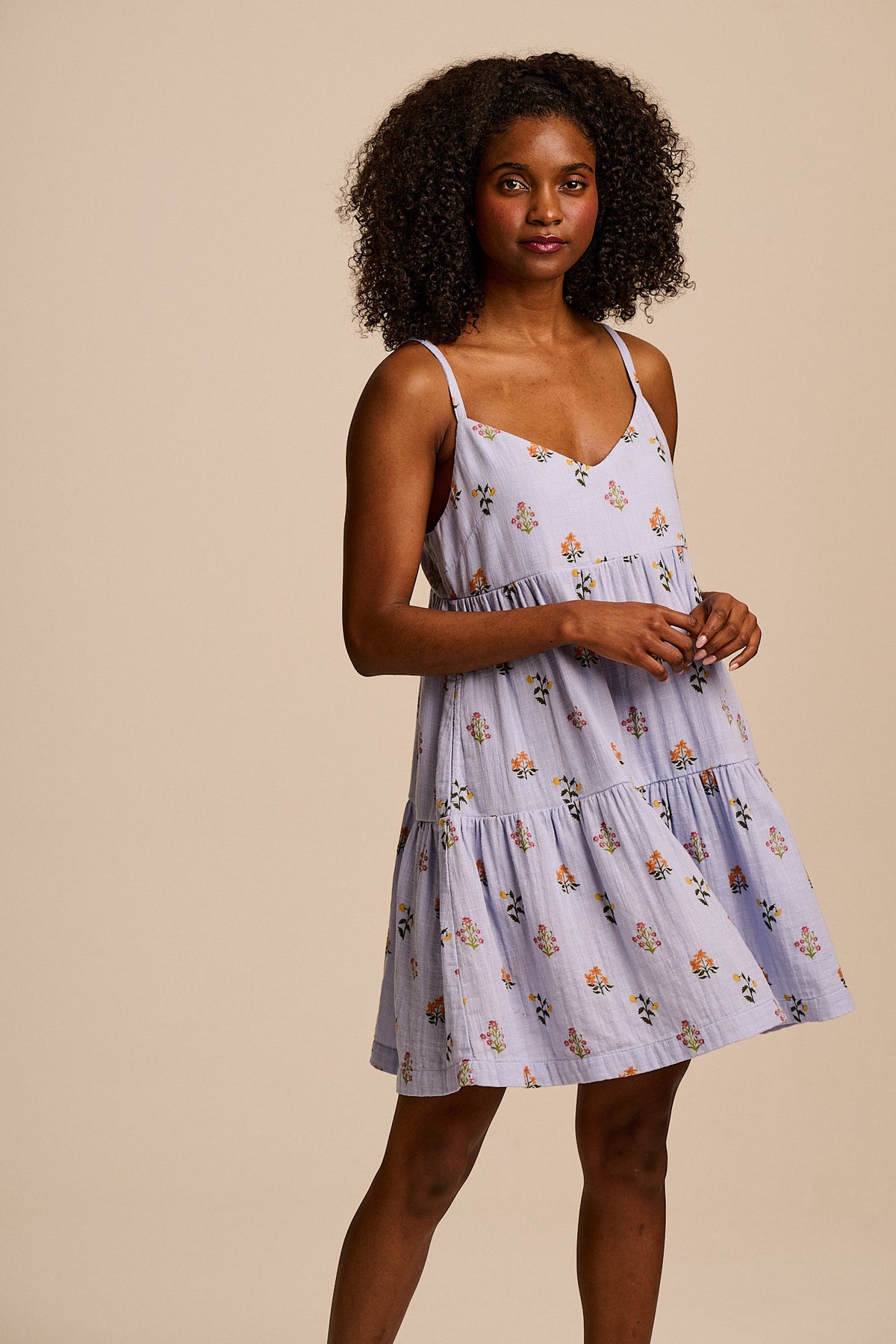 Mae - Tiered Mini Dress Organic Cotton Double Gauze in Blue Walled Bloom