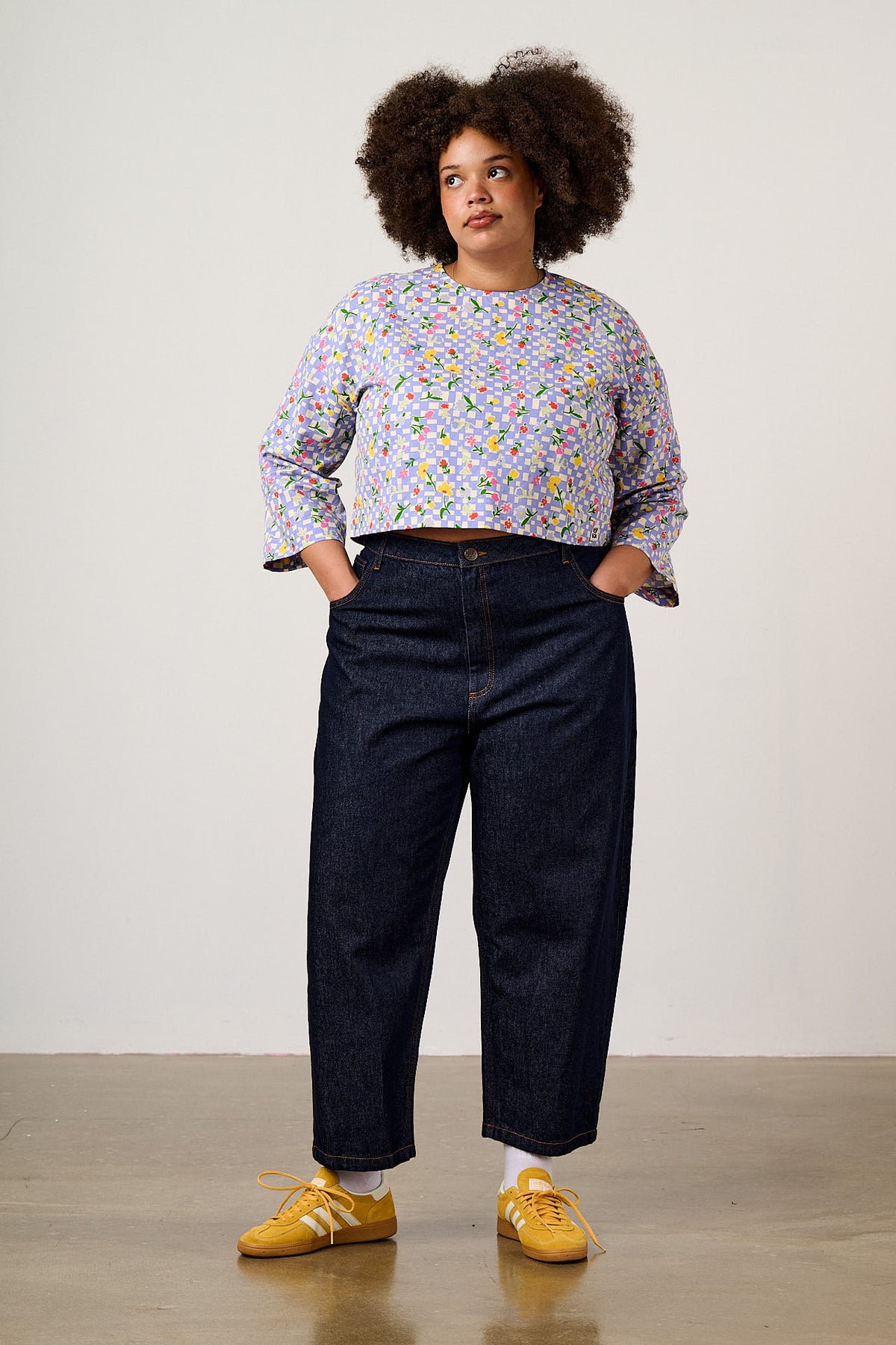 Maisie - Boxy Top Organic Cotton in Ditsy Checkerboard Floral