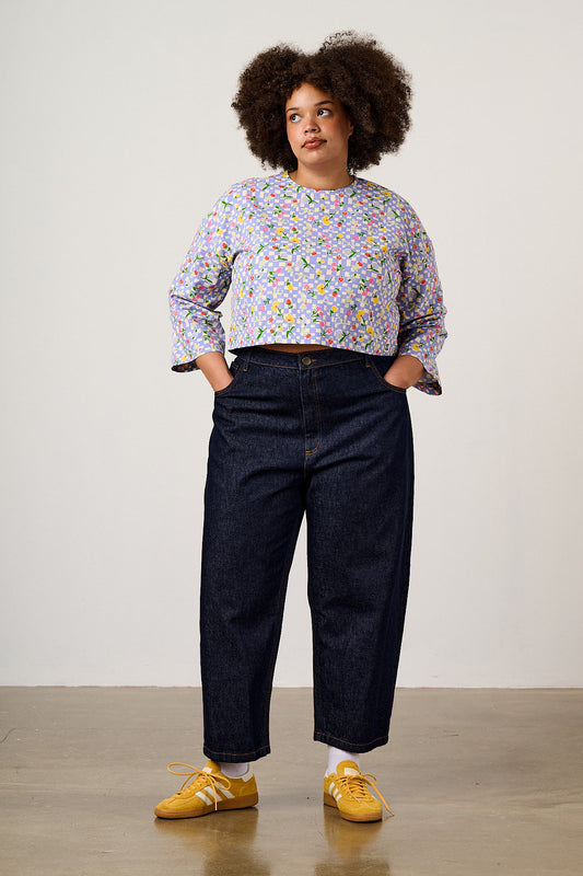 Maisie - Boxy Top Organic Cotton in Ditsy Checkerboard Floral