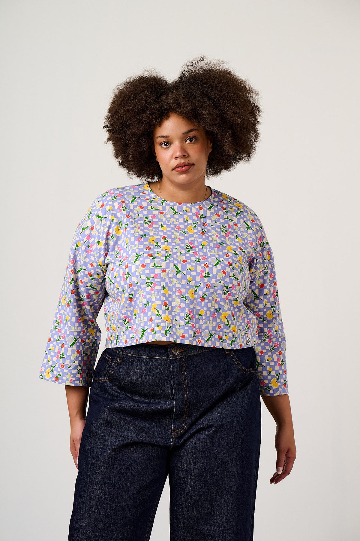 Maisie - Boxy Top Organic Cotton in Ditsy Checkerboard Floral