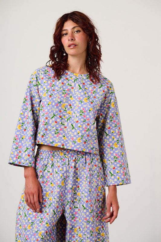 Maisie - Boxy Top Organic Cotton in Ditsy Checkerboard Floral