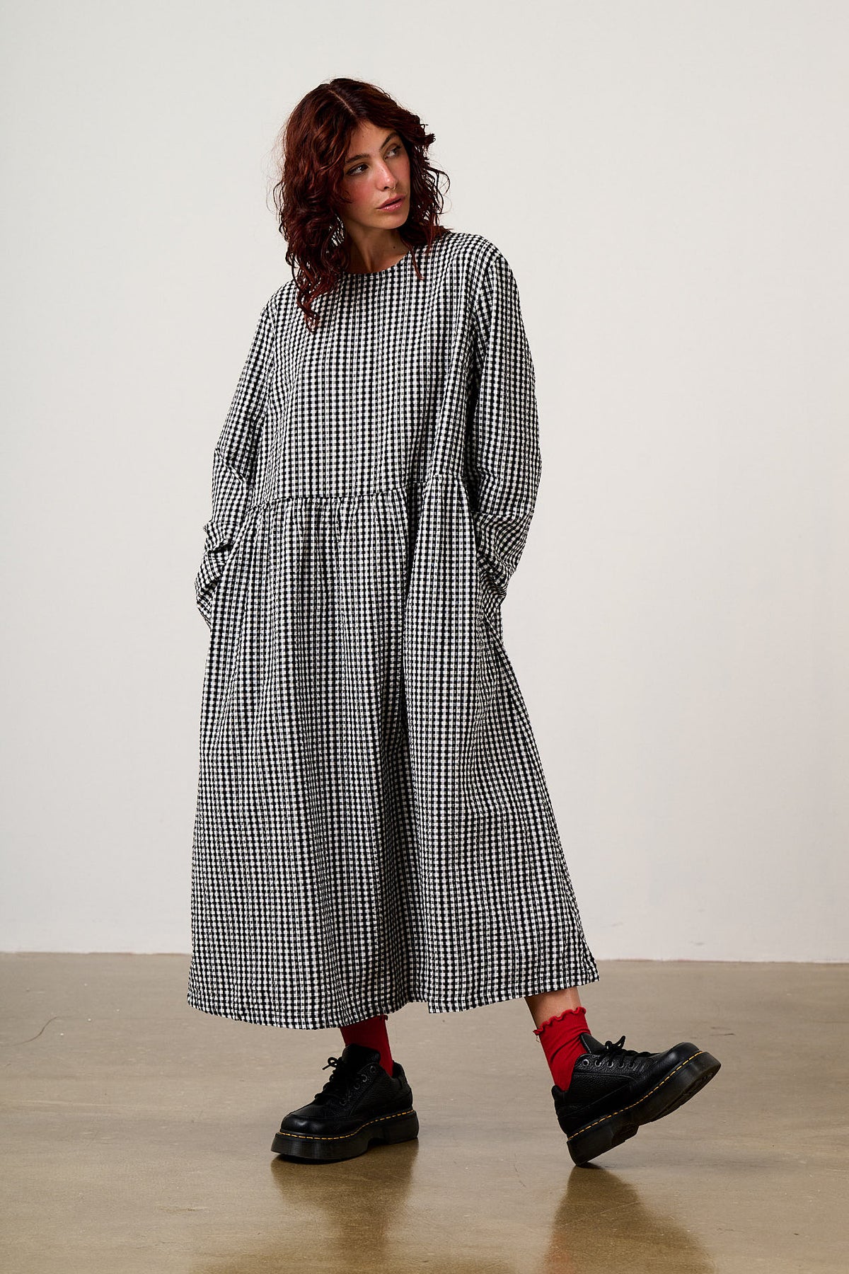 Micah - Long Sleeve Midi Dress Organic Cotton Seersucker in Black & White Gingham