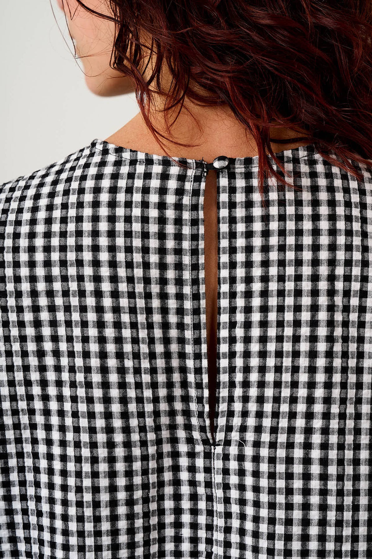 Micah - Long Sleeve Midi Dress Organic Cotton Seersucker in Black & White Gingham