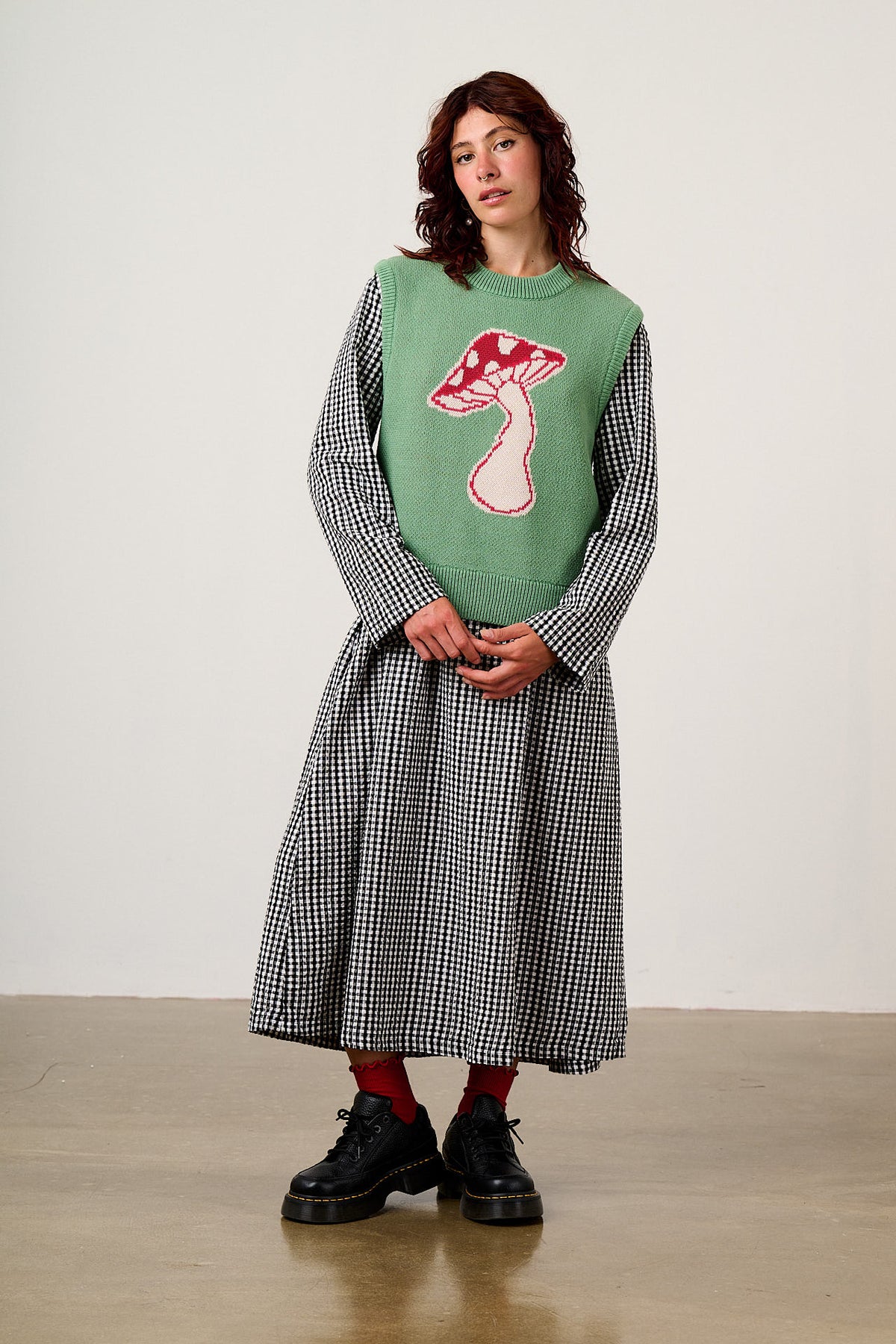 Micah - Long Sleeve Midi Dress Organic Cotton Seersucker in Black & White Gingham