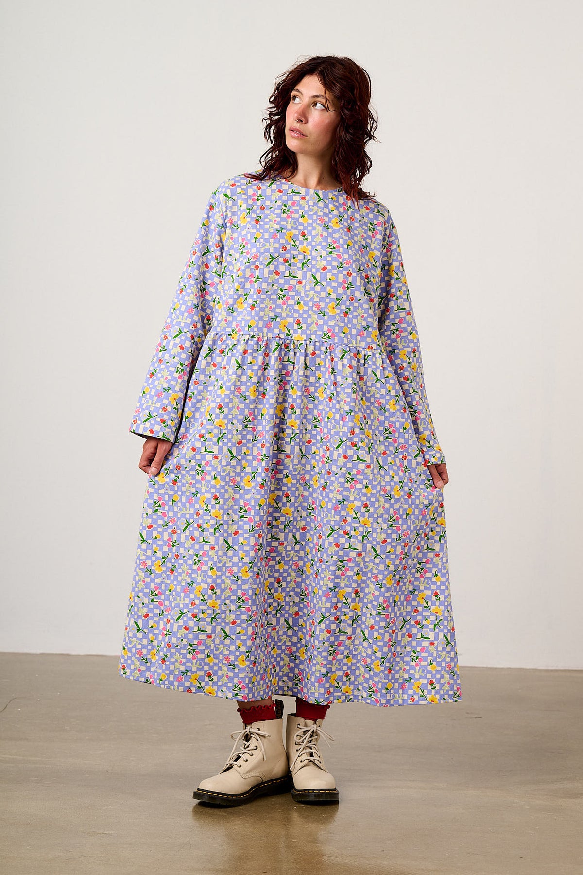 Micah - Long Sleeve Midi Dress Organic Cotton in Ditsy Checkerboard Floral