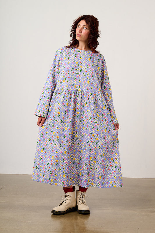 Micah - Long Sleeve Midi Dress Organic Cotton in Ditsy Checkerboard Floral