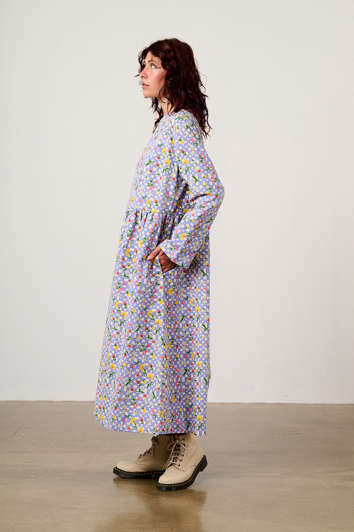 Micah - Long Sleeve Midi Dress Organic Cotton in Ditsy Checkerboard Floral
