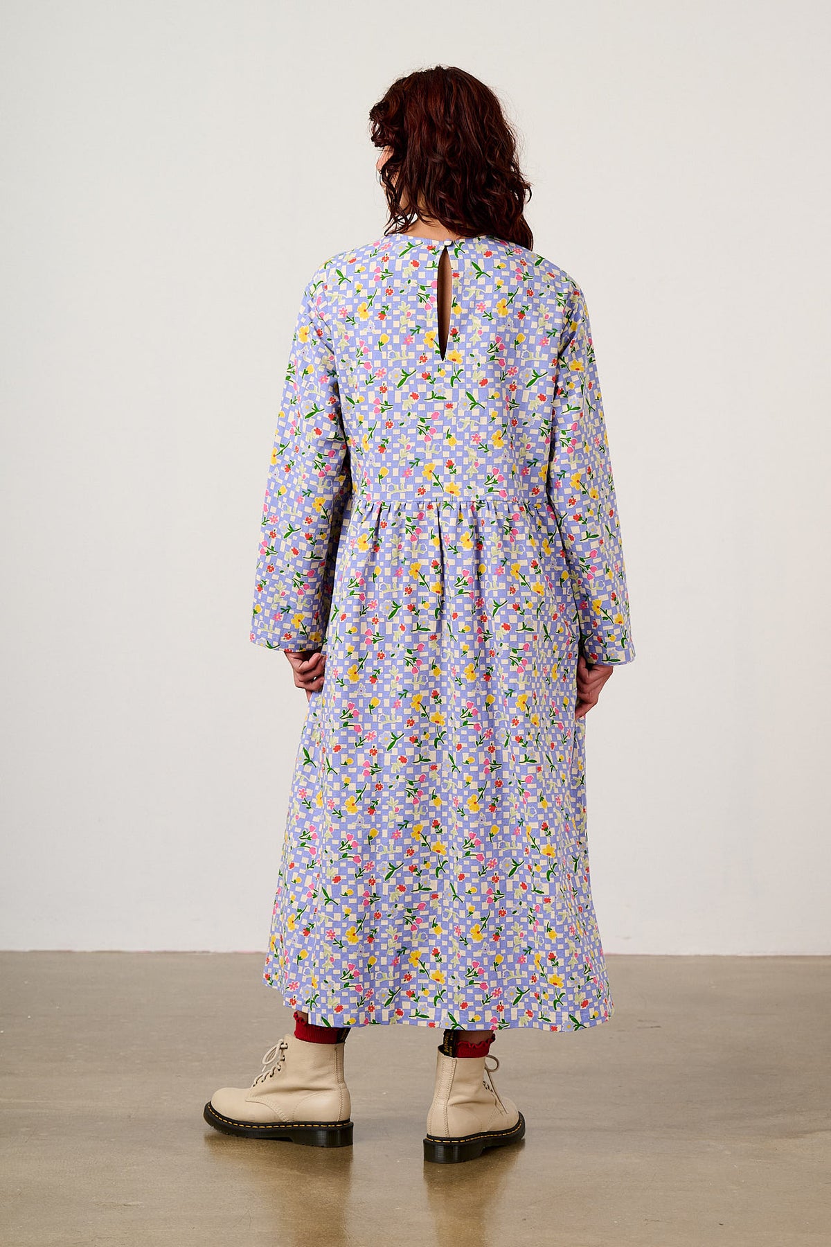 Micah - Long Sleeve Midi Dress Organic Cotton in Ditsy Checkerboard Floral