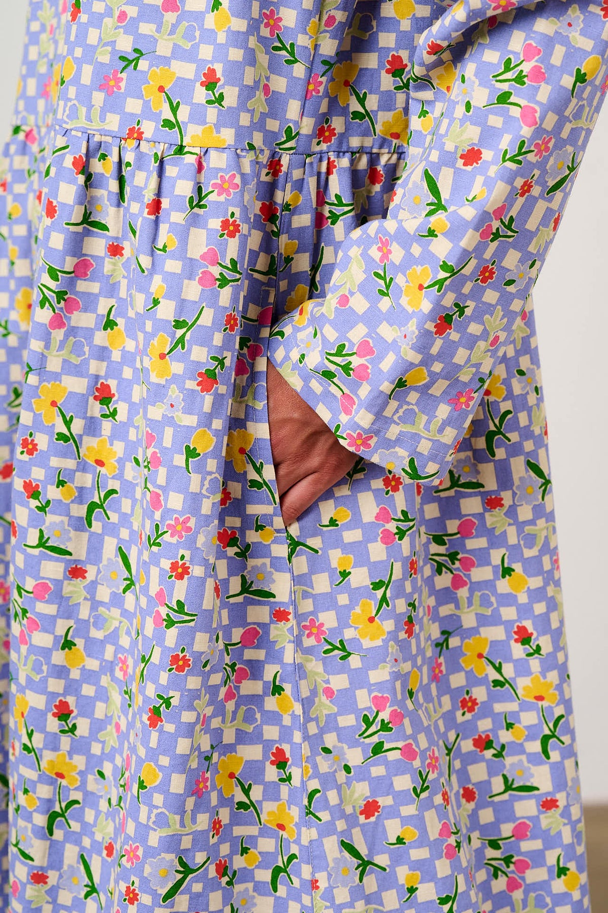 Micah - Long Sleeve Midi Dress Organic Cotton in Ditsy Checkerboard Floral