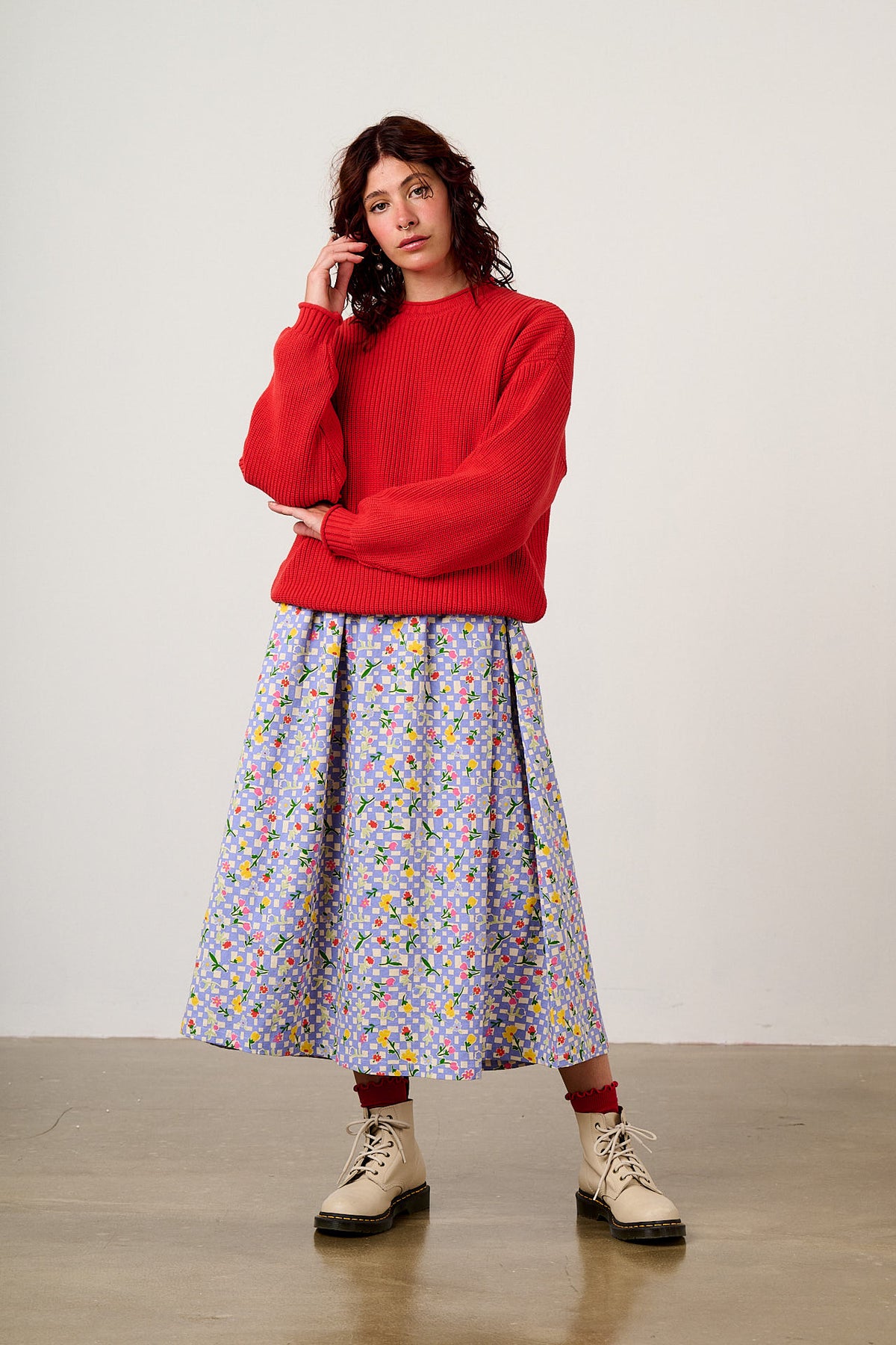 Micah - Long Sleeve Midi Dress Organic Cotton in Ditsy Checkerboard Floral