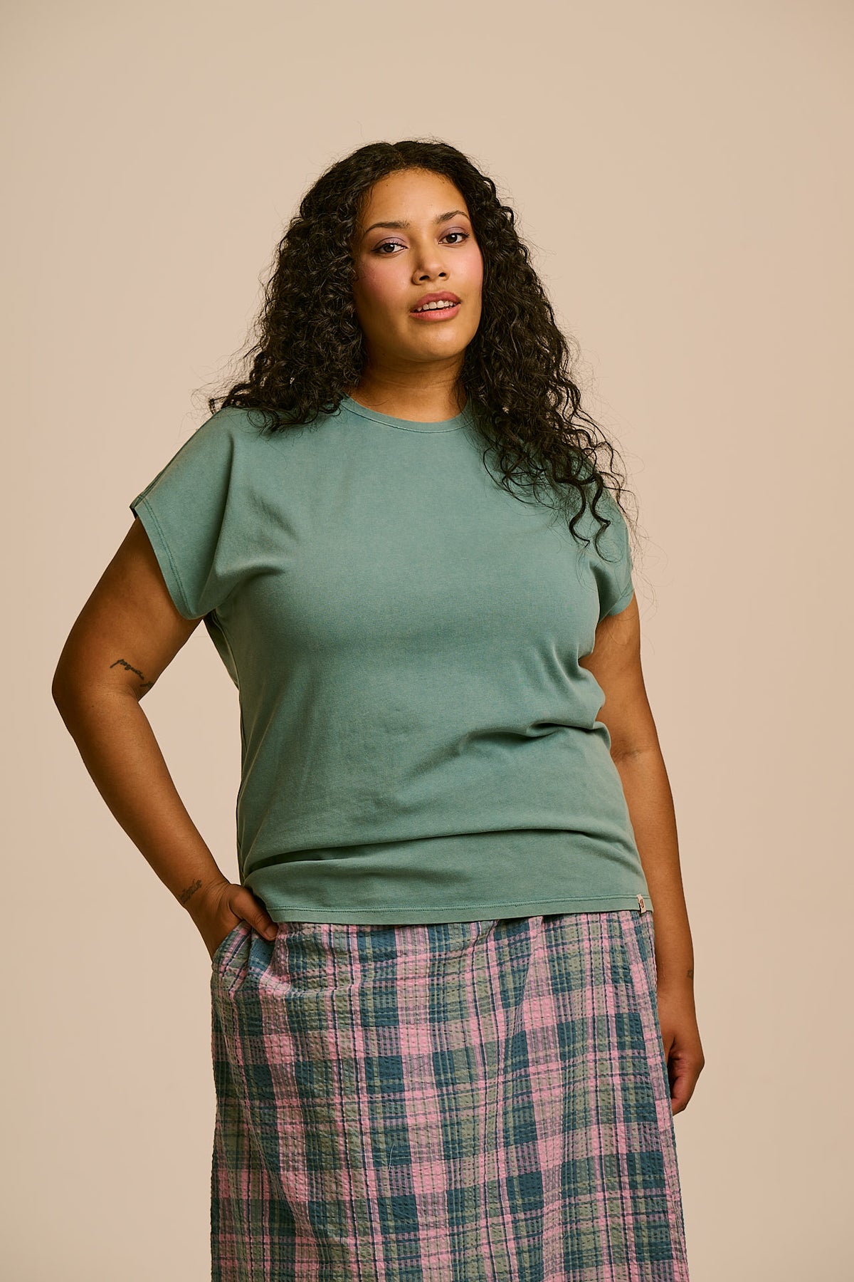 Inessa - Cap Sleeve T-Shirt Organic Cotton in Washed Green