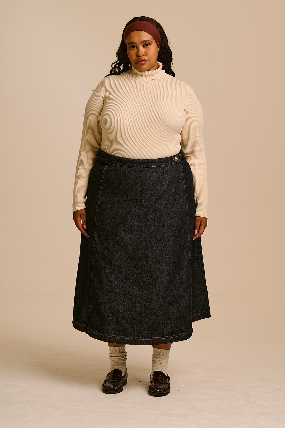 Miley - Wrap Midi Skirt Organic Cotton Denim in Indigo