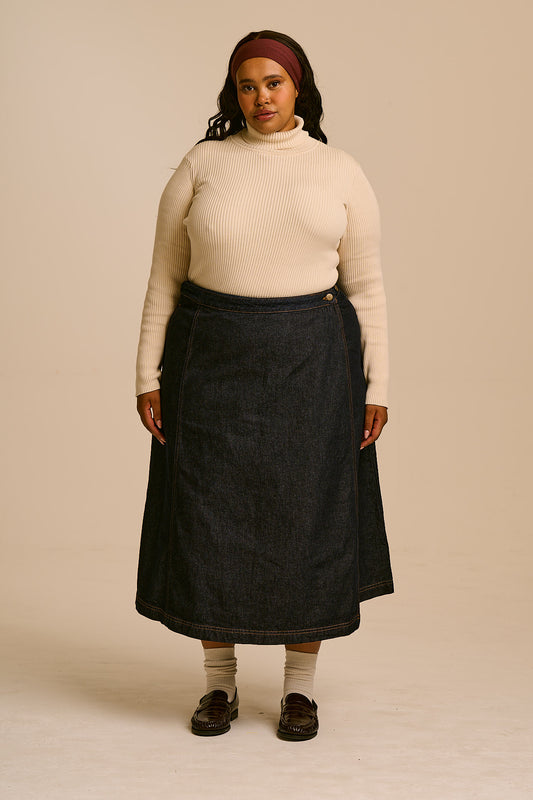 Miley - Wrap Midi Skirt Organic Cotton Denim in Indigo