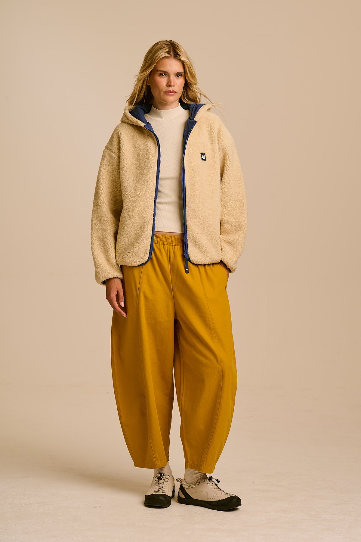 Misha - Borg Fleece Jacket Recycled Polyester in Cream with Navy Lining